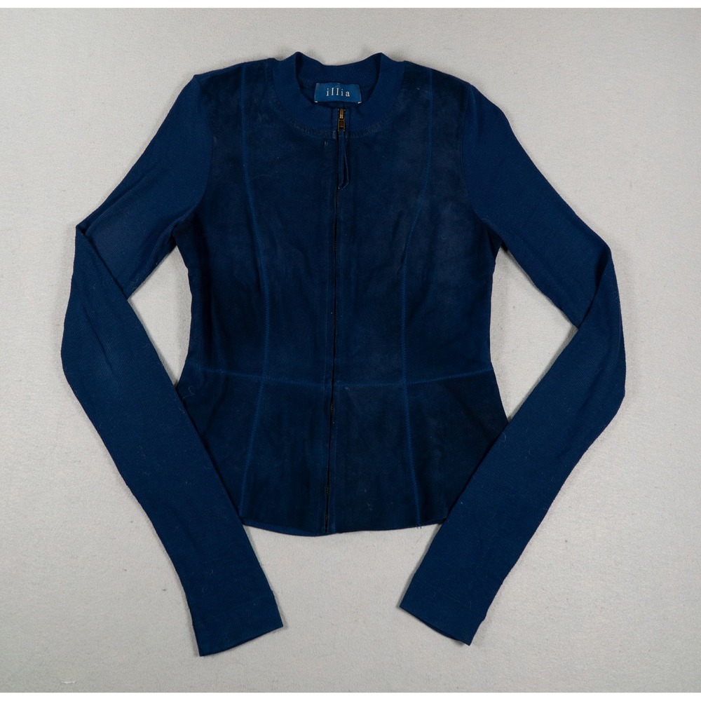 Illia Womens Jacket Navy Blue Genuine Leather Suede Ribbed Zip Front Size 4